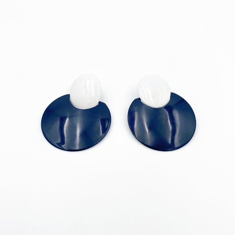 VINTAGE (c.1985) Geometric Double Circle Enamel Disc Earrings | VERY GOOD - Picture 3 of 7